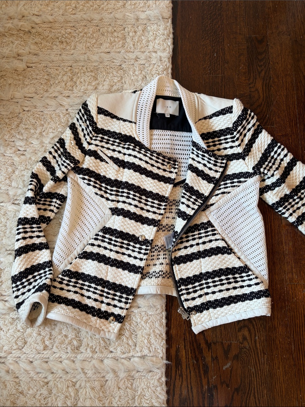 IRO Black and White Striped Knit Blazer Jacket with Leather Trimmings